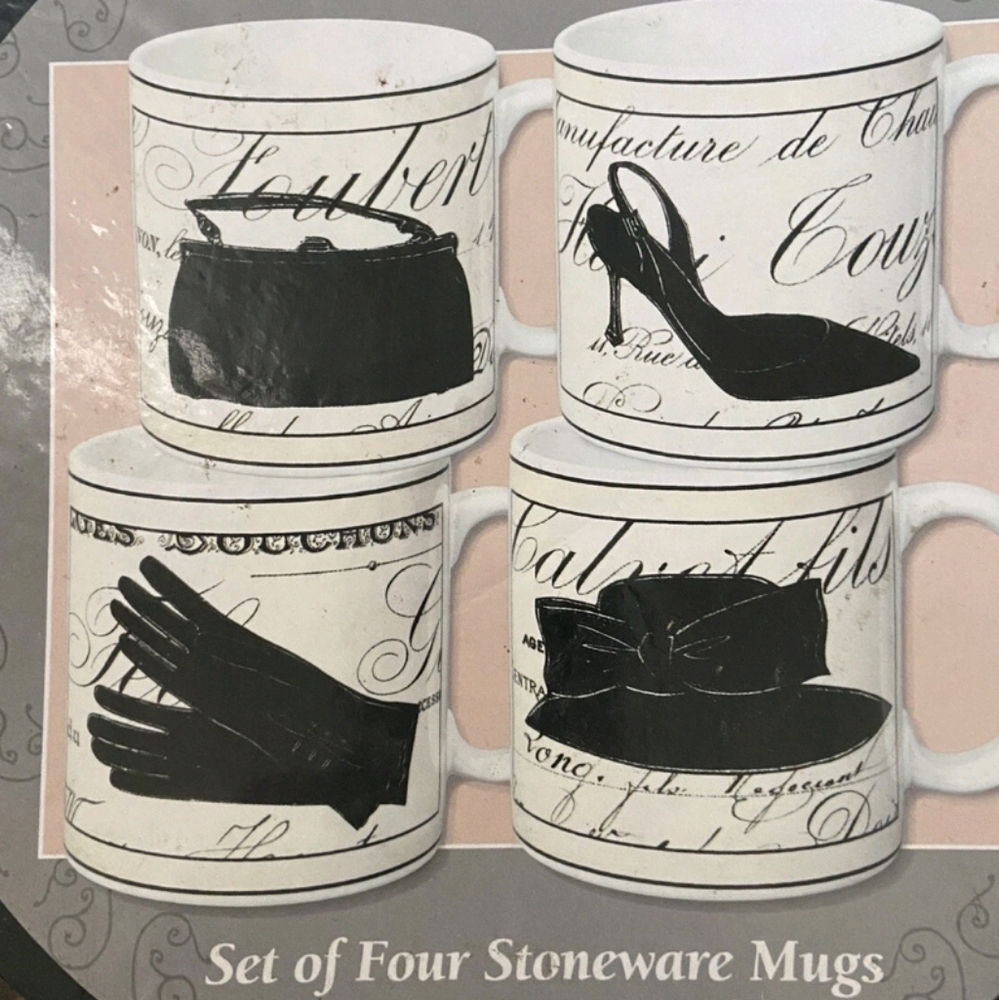 4 - Sakura "TRES CHIC" Stoneware Mugs--Hat Glove Purse Shoe Designs